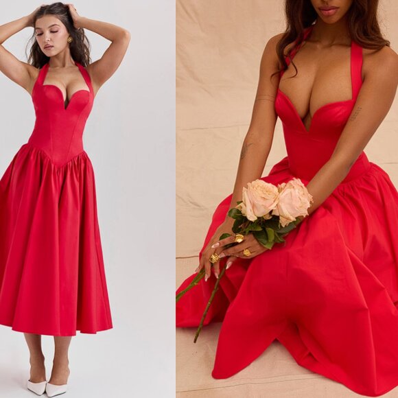 HOUSE OF CB 'Coquette' Scarlet Halter Midi Dress NWOT - Picture 1 of 7